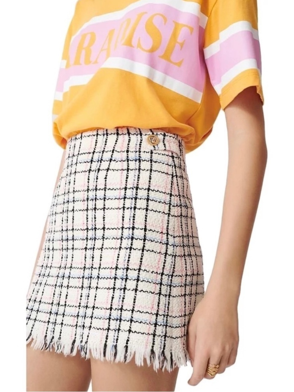 Maje || Jianey Tweed Mini Skirt Plaid Check Fringe Skort Cream Pink 34 US 2